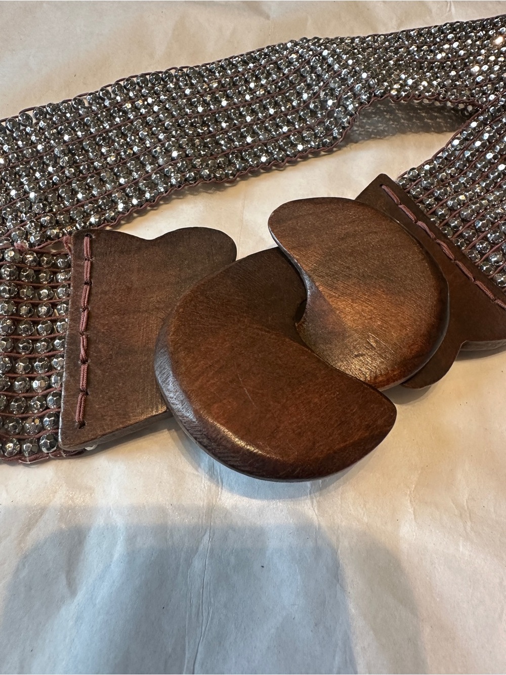 Embellished Crystal Stretch Belt with Wooden Buckle - Brown